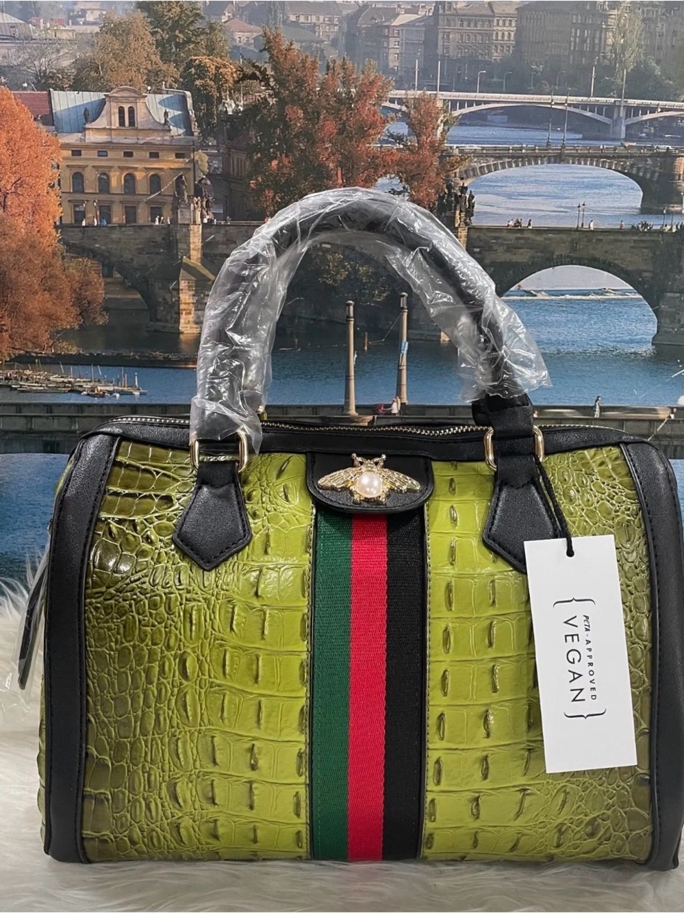 Vegan Croc-Embossed Satchel in Lime Green with Stripe Detail